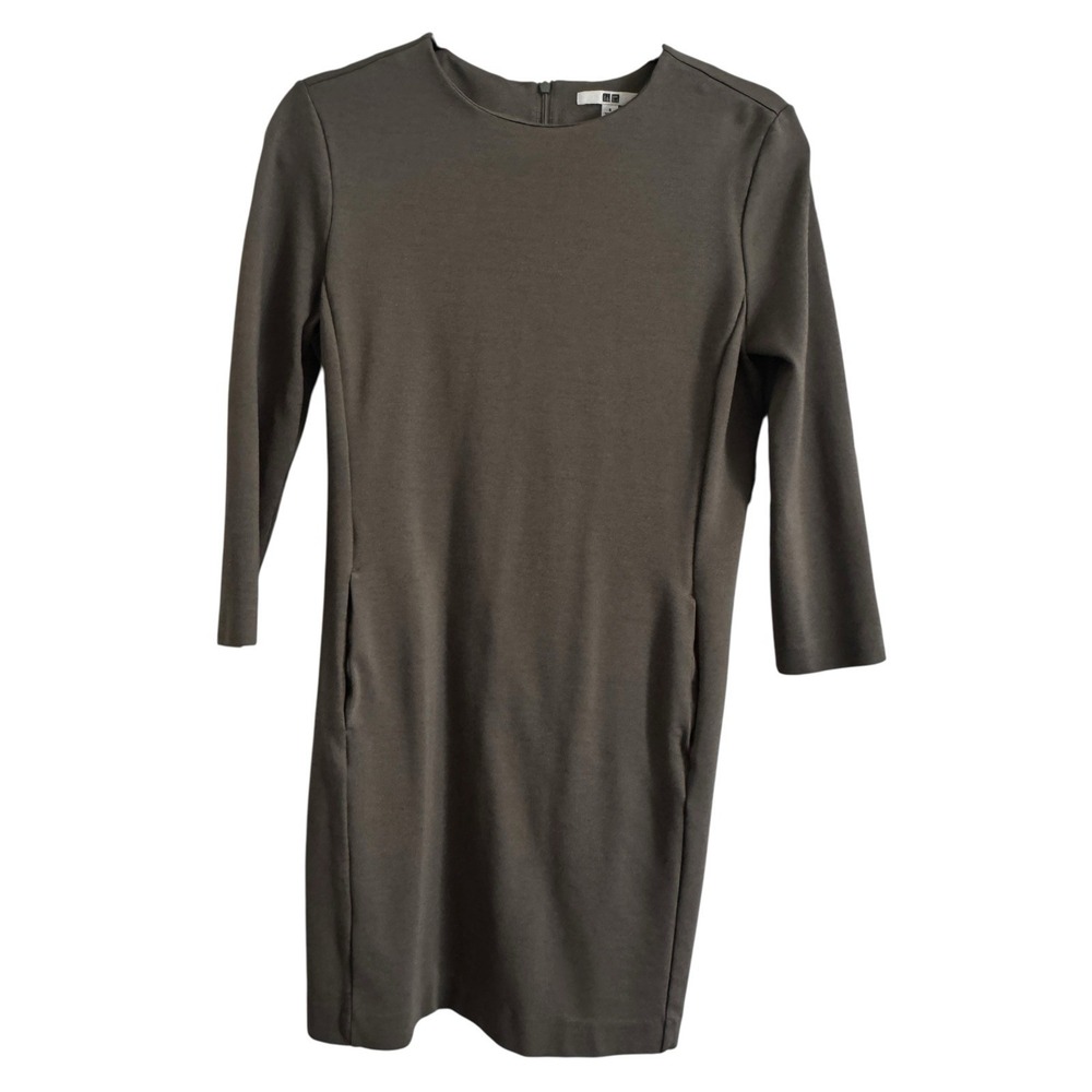 Uniqlo Women's Long Sleeve Shirt‎ Dress Green/Gray With Pockets Small Zip Up